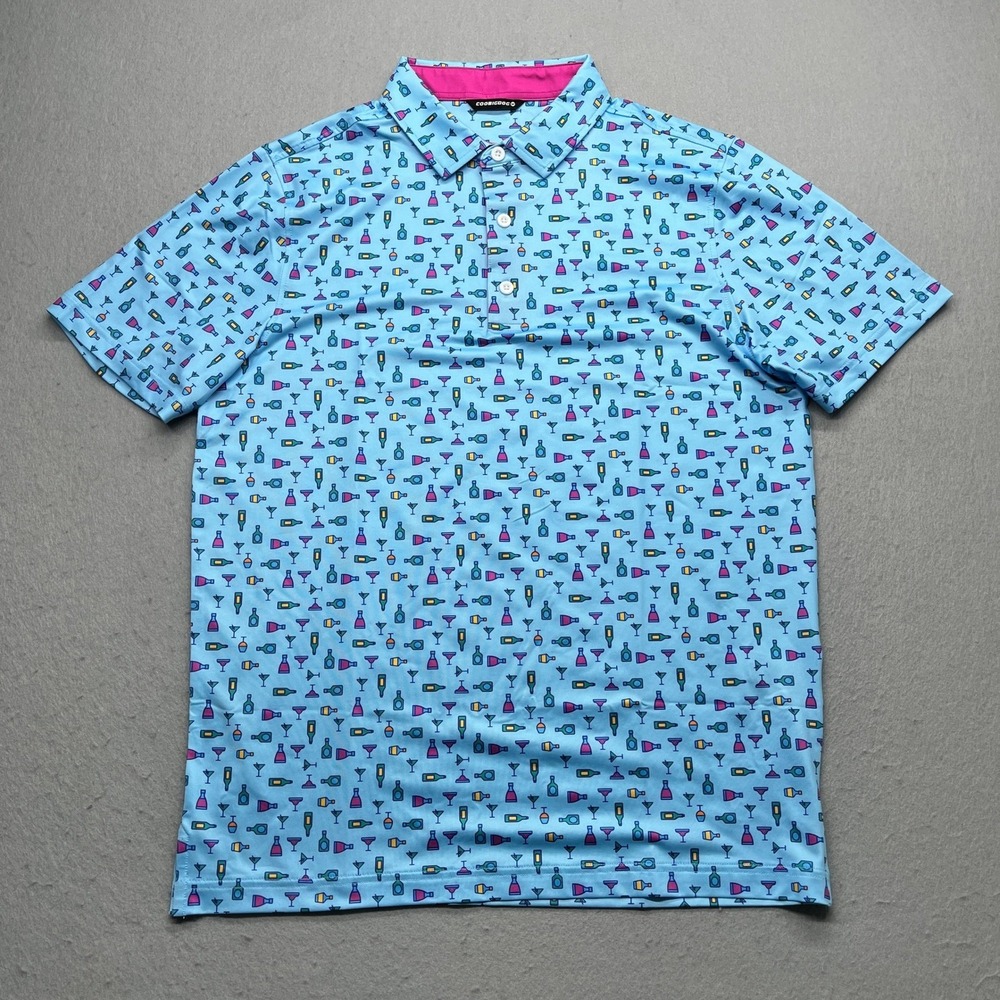 Coobigdog Mens Polo Shirt Medium Blue Cocktail Print Performance Short Sleeve - Picture 2 of 5
